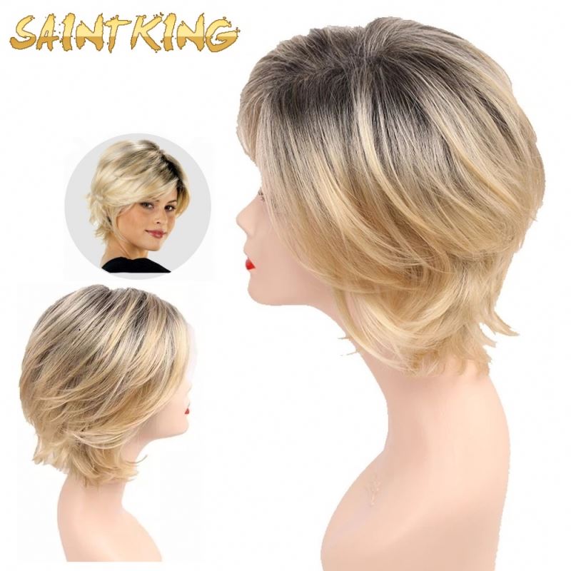 MLCH01 Mix Color Pixie Cut Blonde Natural Mix Fashion Cheap for Black Women Straight Heat Resistant Soft Synthetic Wig Bangs