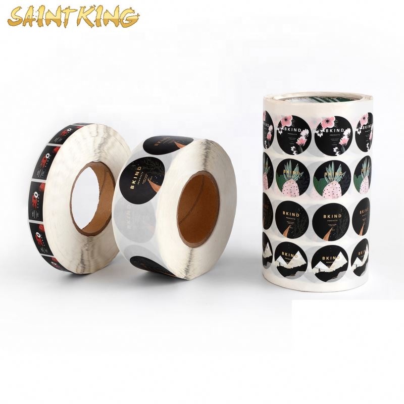 PL01 adhesive round foil printed black 1.5 inch labels roll paper floral gold pink gift tag label