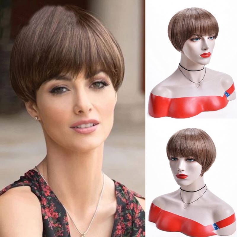 MLCH01 Hot Sale Stylish Women Dark Brown Long Straight Partial Bangs Full Wig Heat Resistant Cheap Nature Synthetic Hair Wigs