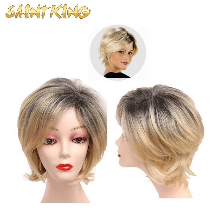 MLCH01 Pink Wigs Straight Short Cosplay Costume Wigs for Women with Bangs Blonde Roots Heat Resistant Synthetic Wig